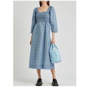 Ganni Dress Shirred Checked Cotton Seersucker Midi Blue DE 40 US 10 Milkmaid
